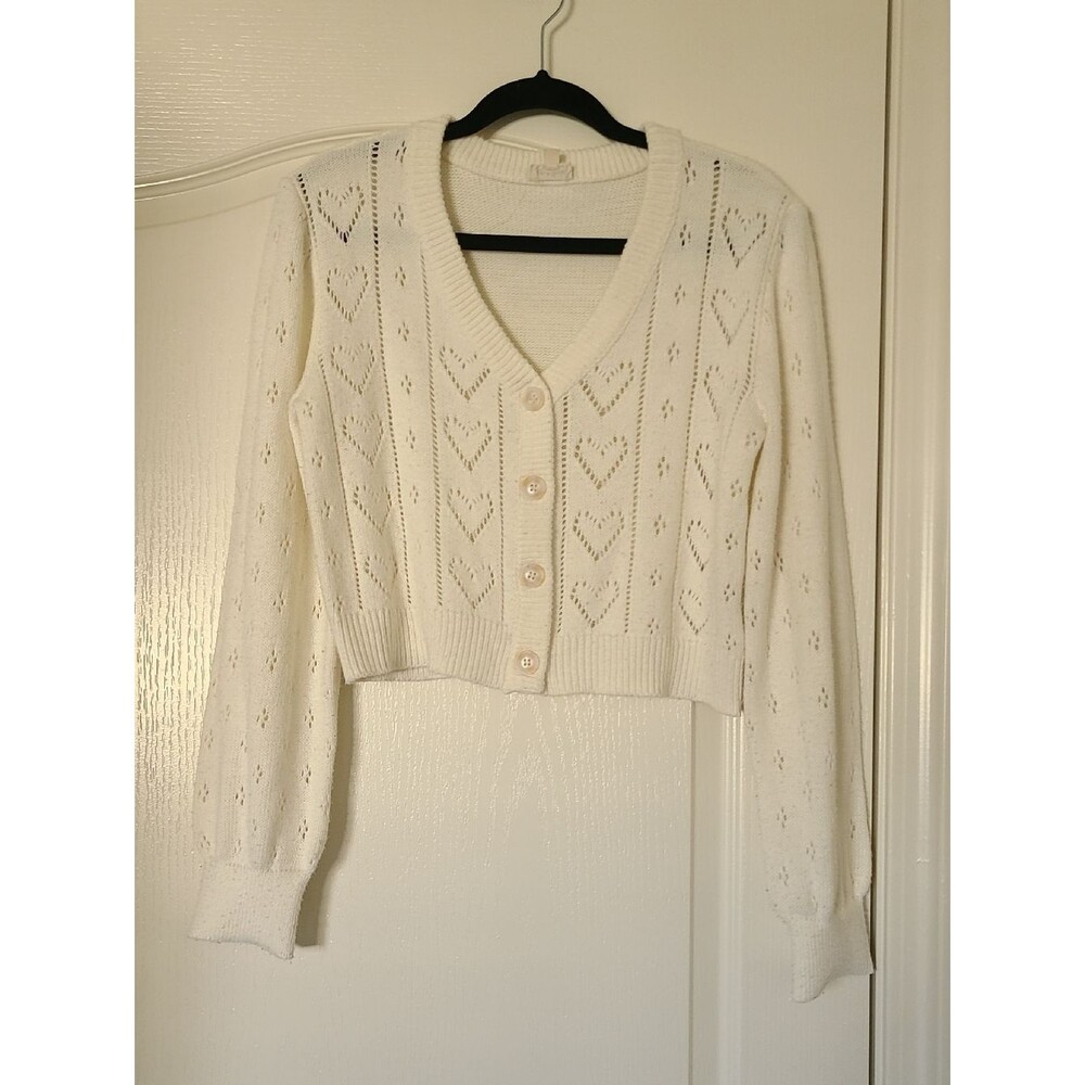 Hem & Thread White Cream Eyelet Heart Cardigan Cropped Feminine Romantic Small - Picture 3 of 6